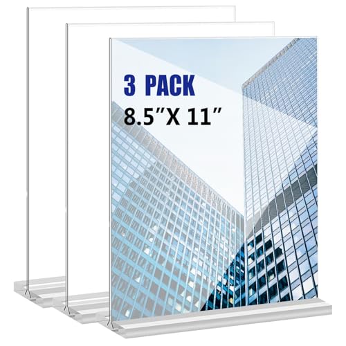 KOOLDE Acrylic Sign Holder 8.5x11 Inches 3 Pack T Shape Desktop Display Stand Vertical Double Sided Clear Table Menu Flyer Holder for Restaurants, Office, Shop, Wedding - color: 3 pack