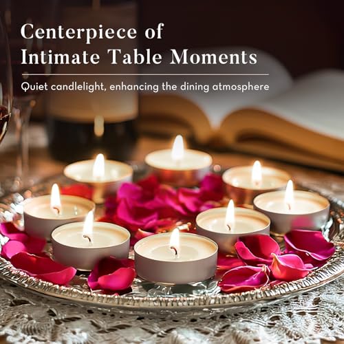 Ashlux Unscented Palm Tea Lights Candles 100 Pack Bulk, 4.5 Hours Long Burning White Tea Lights,Non-Paraffin, Smokeless, Mini Tealight Votive Candles for Wedding, Christmas Lights, Party, Christmas - size: 100 Pack, style: 4 Hours