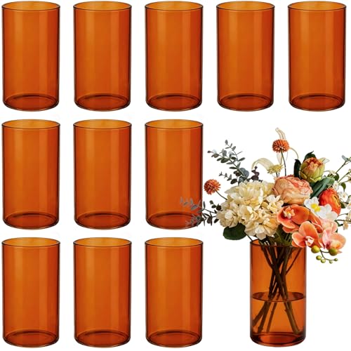 TBWIND 12pcs Amber Glass Cylinder Vases for Centerpieces, 6 Inch Bulk Flower Vases for Wedding Decorations, Hurricane Candle Holder for Floating Candles and Table Home Decor - size: 12 Pack 6 Inch - Amber
