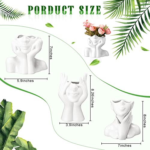 Sieral 3 Pcs Ceramic Face Vase Female Form Flower Modern Body Vase for Decor with Head Half Body Bust Centerpiece for Table Shelf Home Bedroom Room Office(Large,White) - color: White, size: Large