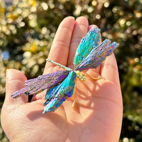 Natural Tourmaline Dragonfly Statue - Electroplated Gold Healing Crystal Decor, Small Colorful Figurine for Home, Office Desk for Women (Gold Colorful,Small Size) - color: Colorful Dragonfly-g, size: Small Size