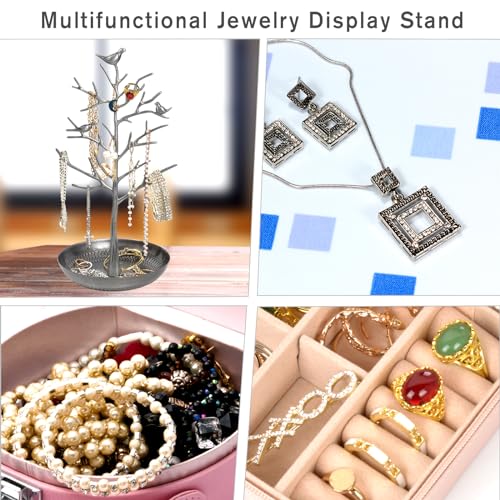 ChezMax Jewelry Display Necklace Earring Organizer Holder Metal Birds Tree Stand with Tray Antique Bracelet Rings Rack Tower Decoration for Women Girl silver 11.8 Inch - color: B-Metal silver
