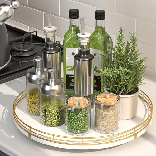 13“ Wooden Lazy Susan Turntable for Cabinet – Round Rotating Spice Rack Organizer, White Kitchen Countertop Tray for Dining Table & Pantry Storage (White & Gold) - color: White & Gold, size: 13