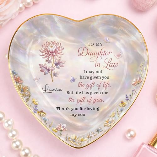 Personalized Daughter in Law Gifts Heart Shaped Jewelry Dish, Sentimental Gift from Mother-in-law, Custom Birth Flower, Birthday Gift for Daughter in Law Appreciation Present - color: Daughter In Law 132