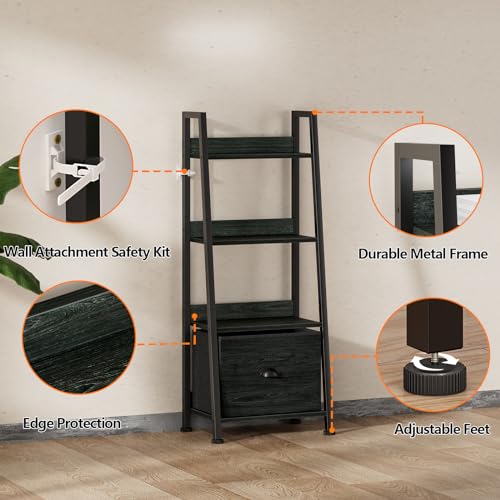 Furologee 4-Tier Ladder Shelf, Ladder Bookshelf with Removable Drawer, Bookcase Storage Rack Organizer, Freestanding Storage Shelves for Living Room, Home Office, Bedroom, Black Oak - color: Black Oak, size: 4-Tier, 15" W