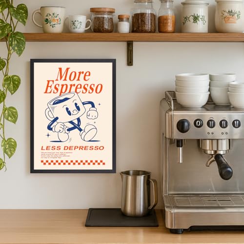 GELDSTEI Wood Framed Cute Coffee Wall Art, More Espresso Less Depresso Wall Decor, Funny Coffee Bar Aesthetic Picture, Vintage Cafe Bar Poster Print, Retro Cafe Cup Canvas Painting for Kitchen 16x24 Inch - color: Cartoon(Wood), size: 24"L x 16"W