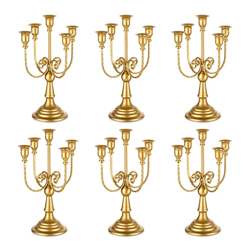 Romadedi Candelabra Gold Candle Holders - 5 Arm 11.8" Wedding Candlestick Holder for Theme Party Table Centerpiece Decor Dining Room Birthday Holiday Christmas, Set of 6 - color: Gold-5 Arm, size: 6pcs