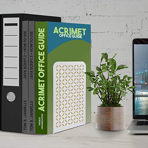 Acrimet Metal Bookends, Non-Skid Book Stand for Shelves, Heavy Duty Book Stopper, 6-7/8" H x 4" W x 4-1/2“ D, (White Bookend with Gold Design), 1 Pair - color: White Bookend With Gold Design, size: 10 cm X 11,5 cm X 17,5 cm
