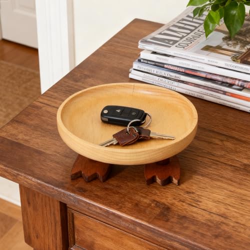 Wood Key Bowl for Entryway Table, Key Tray, Jewelry Tray, Valet Tray with 2 Cute Duck Feet, for Rings, Coins, Bracelets Watches - size: Round