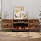 BVIUNTWO 3-Sided Glass Farmhouse Fireplace TV Stand for TVs Up to 100 Inch, Entertainment Center with 36" Electric Fireplace, 4 Drawers Storage,Brown - color: Brown