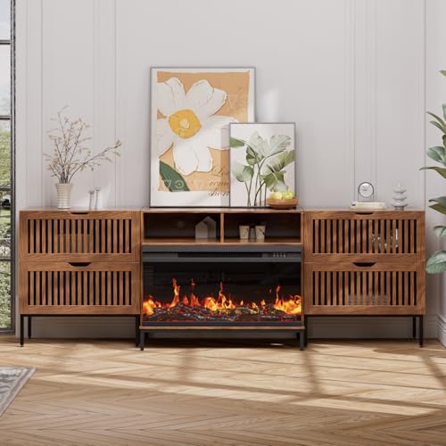 BVIUNTWO 3-Sided Glass Farmhouse Fireplace TV Stand for TVs Up to 100 Inch, Entertainment Center with 36" Electric Fireplace, 4 Drawers Storage,Brown - color: Brown