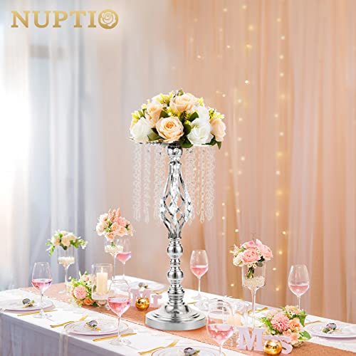 2 Pcs 19.3 inches Tall Crystal Flower Stand Wedding Road Lead Tall Flower Holders Centerpiece Crystal Flower Chandelier Metal Flower Vase for Reception Tables Wedding Supplies - color: Silver, size: Medium - 2 Pcs