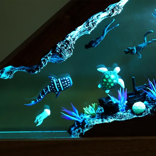 Ocean Creative Epoxy Resin Wood Light Lamp, Handmade Multi Color Aquatic Ocean Lamp Deep Sea Diver Cave Diving Enthusiasts Led Night Light Desktop Decor Christmas Birthday Gift (Ocean World, S) - color: Ocean World