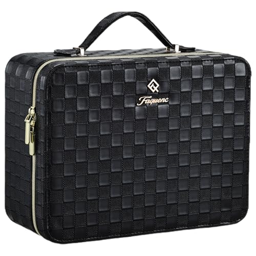 Leather Makeup Case with LED Lighted Mirror 11.4 Inch Travel Makeup Bag Adjustable Brightness in 3 Colors Cosmetic Organizer Artist Storage Bag with Dividers Brush Holder Bag Vanity Black Checkerboard - color: WD-Black Checkerboard 11.4 Inch, size: 2-Medi