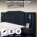 Luxury Queen Size Bed Frame with LED Lights and Nightstands, Modern Velvet Upholstered Platform Bed Frame with Oversized Headboard, Buttons Around, No Box Spring Needed, Dark Blue | Breathable material - color: Dark Blue-velvet, size: Queen
