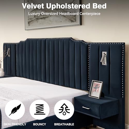 Luxury Queen Size Bed Frame with LED Lights and Nightstands, Modern Velvet Upholstered Platform Bed Frame with Oversized Headboard, Buttons Around, No Box Spring Needed, Dark Blue | Breathable material - color: Dark Blue-velvet, size: Queen