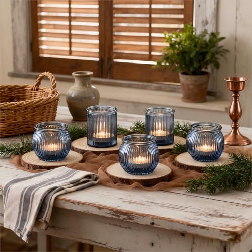 NITIME 48pcs Assorted Blue Votive Candle Holders for Wedding Decor, Ribbed Glass Tea Lights Candle Holder, Blue Candle Holder for Table Centerpiece, Party and Holiday Decorations - color: Blue