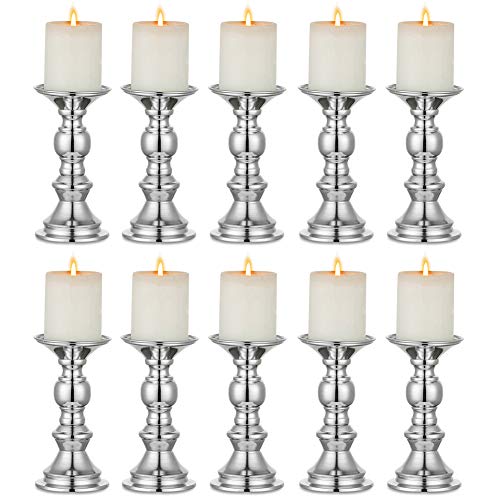 Nuptio Silver Pillar Candle Holders, Wedding Centerpieces Metal Candle Holder for 2 inches Candles Stand Decoration Ideal for Weddings Special Events Parties Living Room, 10 Pcs - color: Silver, size: 10 Pcs