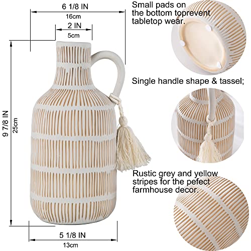 Mowtanco Farmhouse Vase with Handle and Tassel, Grey Yellow Vertical Stripes Design Clay Vase 10'' Tall - Ceramic Flower Vase for Rustic Home Decor, for Fireplace Kitchen Living Room Centerpieces - color: Gray - Long