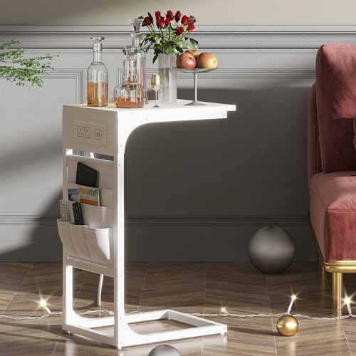 TUTOTAK C Shaped End Table with Charging Station, Side Table for Sofa, Couch Table with Storage Bag, Set of 2, TV Tray Table with 2 USB Ports and Outlets for Living Room, Bedroom, White TB01BW0242 - color: White, size: 2 Pack (11.8"W), style: With Plug