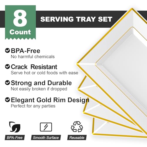 FOCUSLINE 8 PCS Plastic Serving Trays, White and Gold Rim Plastic Serving Platters, Disposable Tray for Food, Perfect for Wedding Parties - color: White