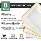 FOCUSLINE 8 PCS Plastic Serving Trays, White and Gold Rim Plastic Serving Platters, Disposable Tray for Food, Perfect for Wedding Parties - color: White