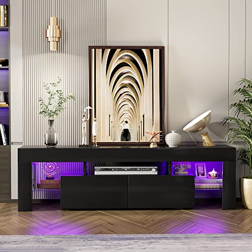 JUMMICO TV Stand, Modern Lighting TV Cabinet Entertainment Center Media and Open Shelf, TV Console Table with 1 Drawer and Remote Control, 20 Color LED Lights up to 70 Inch TV (Black) - color: Black, size: 60 Inches