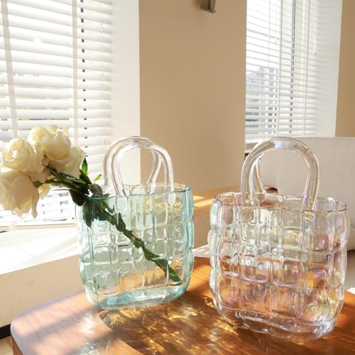 Glass vase - 10.6 inch Handbag-Shaped Woven vase That can be Filled with Water to Serve as a Fish Tank. Customized Gift Box Packaging is Available- Blue - color: Bulging Blue