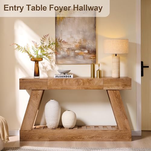 60" Farmhouse Entryway Table with Drawer, Wooden Hallway Foyer Table with Heavy Duty Base, Sofa Table for Living Room(Light Knotty Oak) - color: Light Knotty Oak