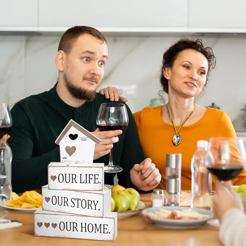 Cinnvoice 4 Pcs Farmhouse Tabletop Decor Rustic Family Blessed Home Table Centerpiece This Is Us Sign for Kitchen Shelf Desk Fireplace Mantel Tiered Tray Decor(Distressed Our Life Story Home) - style: Distressed Our Life Story Home