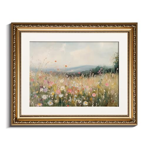 InSimSea Gold Picture Framed Wall Art, Living Room Vintage Field of Wildflowers Wall Decor, Nature Landscape Canvas Print Art, Home Farmhouse Decor, Antique Paintings with Frame 13x16inch - color: Field Colored Flowers, size: 16"L x 13"W