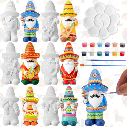 Arrowbash 6 Pcs Mexican Ceramics to Paint Ready to Paint Your Own Gnome Statues 5.12 Inch Mexico Theme Paintable Figurines DIY Unpainted Ceramics Plaster Crafts with Brush Palette - style: Mexican