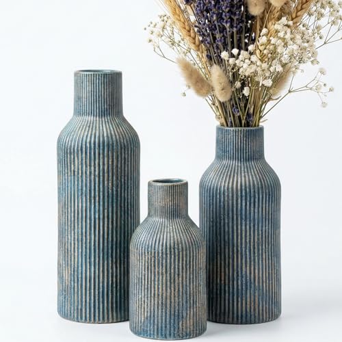 Ceramic Ribbed Vase Set of 3, Modern Farmhouse Decorative Vases in Vintage Blue, Assorted Sizes (5.9"/7.8"/9.8") for Pampas Grass, Living Room, Shelf and Table Centerpiece - color: Vintageblue