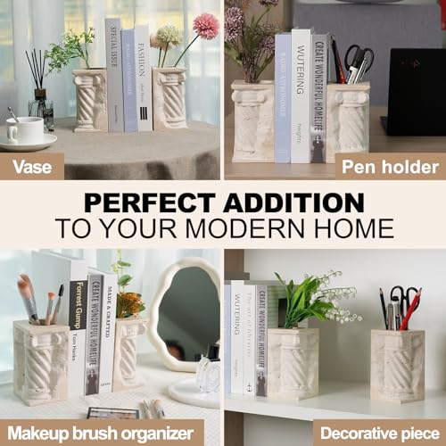 Roman Column Book Ends Decorative, 4-in-1 Heavy Duty Marble Bookend for Shelves, Unique Pen Holder & Mini Flower Vase, Classic Greek Statue for Office Home Desk Decor (2PC, Beige) - style: Classical -Beige