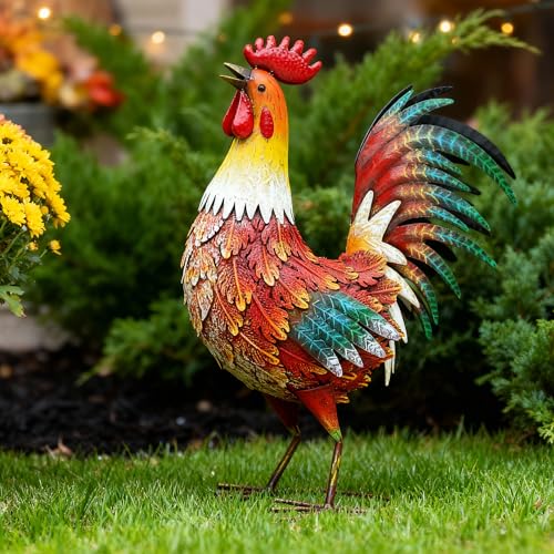 21" Metal Rooster Yard Decor, Outdoor Garden Statues, Metal Chicken Sculpture for Backyard Patio Kitchen Decor - color: 21.5"h-retro Red Rooster