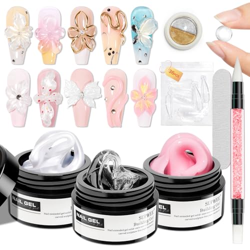 3d Gel Nail Art Sculpture Non Stick Hand Molding Gel for Nails Multifunctional Solid Builder Gels for Extension Carving Sculpting Beauty Charms for Beignner and Salon DIY - color: Clear&Pink&Pearl White