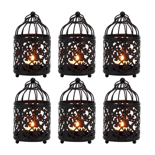 JHY DESIGN 6 Pcs 5.5 inch Height Small Metal Candle Stick Holder Hanging Birdcage Tealight Lantern Hollow Candle Holders for Table Valentine Patio Indoor Outdoor Gifts(Black) - color: Black