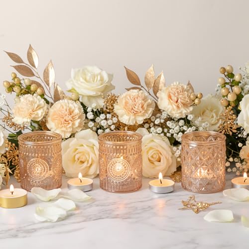 Set of 16 Gold Tealight Candle Holders, 2.56”H Votive Candle Holders with 4 Unique Patterns (Sunflower, Polka Dot, Diamond) for Valentine's Day & Spring Summer Wedding Table Decor Centerpieces - color: Gold