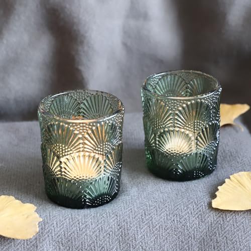 Woho Green Votive Candle Holders Set of 12, Green Glass Tealight Candle Holder for Wedding Party Table Centerpiece, Tea Lights Candle Holder Vintage for Fall Thanksgiving Christmas Decor - color: Green