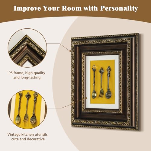 FOLKOR LIFE Vintage Wall Art Decor, Framed Wall Sculptures Art with Embossed Intricate Spoons Design for Home Decor, Dining Room Décor, Coffee Shop, Housewarming Gifts, 10.5x12.5 (Brown & Blue) - color: Brown & Yellow-3 Spoons