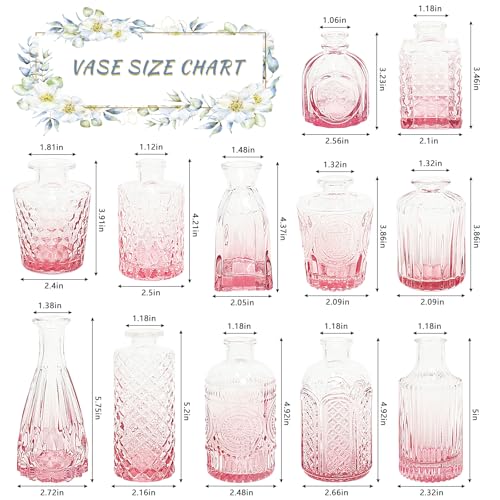 SUPMIND 12Pcs Glass Bud Vase Set, Small Flower Vase for Centerpieces, Pink Bud Vases in Bulk, Mini Vintage Vase for Rustic Wedding Decorations - color: Pink, size: 12Pcs