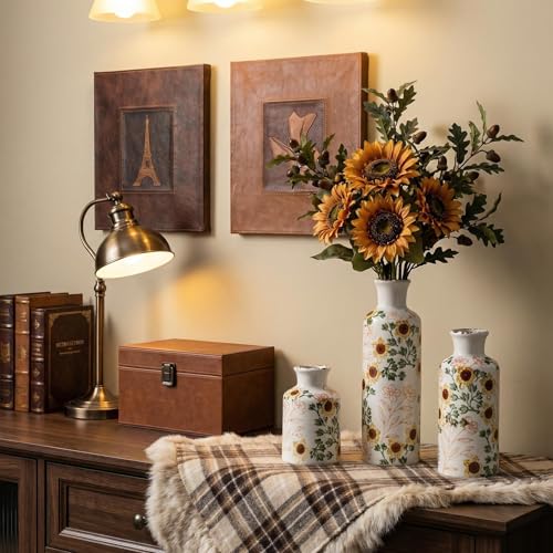Vintage Ceramic Flower Vase Set of 3, Rustic Farmhouse Vase for Home Decor, Distressed Decorative Vase for Table Entryway Mantel Centerpiece Living Room Bathroom Bedroom (Sunflower Crackle) - color: 110-sunflower Crackle