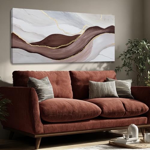 Hue7Art Modern Abstract Canvas Wall Art Neutral Flowing Lines Painting in White Gray and Brown, Minimalist Contemporary Artwork for Living Room Bedroom Office Wall Decor 24x48 Inch - color: White and brown and gold, size: 48"L x 24"W