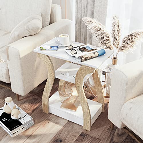 FROMJBEST End Table with Charging Station, Side Table with USB Ports and Outlets, Nightstand, 3 Tier End Table with Storage Shelf for Living Room, Bedroom (White) - color: White