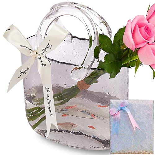 Thickened Glass Purse Vase for Flowers Gift Set-(Handmade 5mm Crystal-Unique Cute Clear Bag Vase with Reinforced Gift Box, Premium Table Centerpiece for Wedding/Mothers Day (Light Grey) - color: Light Grey