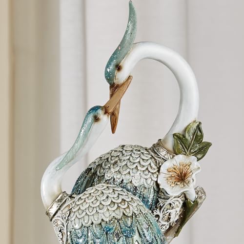 Devoted Cranes Table Sculpture Teal - Made of Resin Coastal Crane Shorebirds - Glitter Accents - Bird Statue - Flowers, Vining Leaves Base - Measures 5 Inches Wide, 16 Inches High
