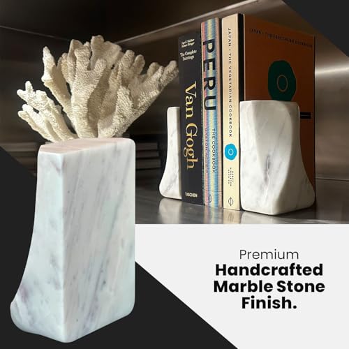 White Marble Bookends - Heavy Duty 9.8 lbs Stone Book Ends for Shelves, Modern Decorative Book Holder Set of 2 - Premium Handmade Marble Book Ends for Office, Library, or Home Decor