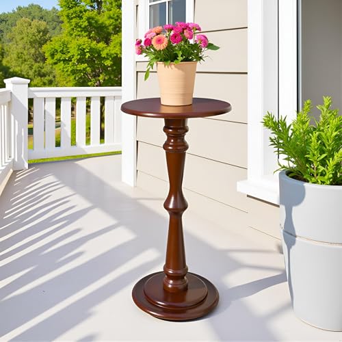 SwallowLiving Small Drink Table, Brown Wooden Round Side Table, Narrow Modern End Table with Pedestal Stand for Small Spaces, Beside Sofa Couch & Office, Tall Plant Display Stand, 12" W x 25" H - color: Brown Hourglass