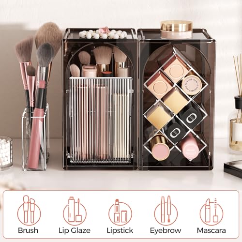 INVSSENE Stackable Makeup Organizer Countertop, Storage Perfume Skincare Cosmetic Lipstick Face Mask Makeup Brush Palettes, Ideal for Vanity Bathroom Counter - color: 3513 Coffee+Clear
