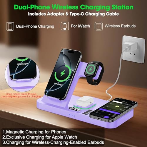Dual Phone Wireless Charging Station for Apple Devices, Magnetic Charging Station for iPhone with Auto Switch 7-Color Light&Clock,Family Watch Charger for iPhone17 for iWatch11 for AirPods Pro3(Purple - color: Purple